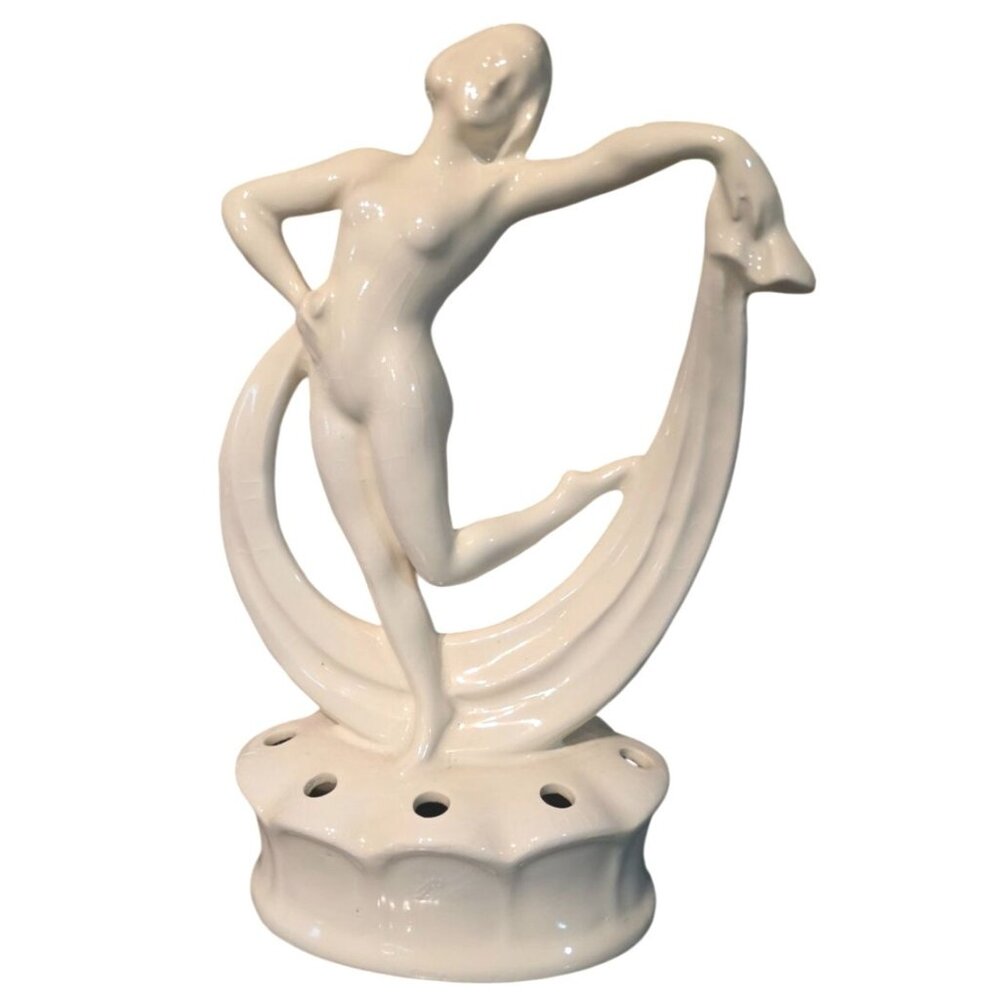 Antique Flower Frog Ceramic Dancing Lady Figurine 8.5"‎ Tall Glossy Ivory READ